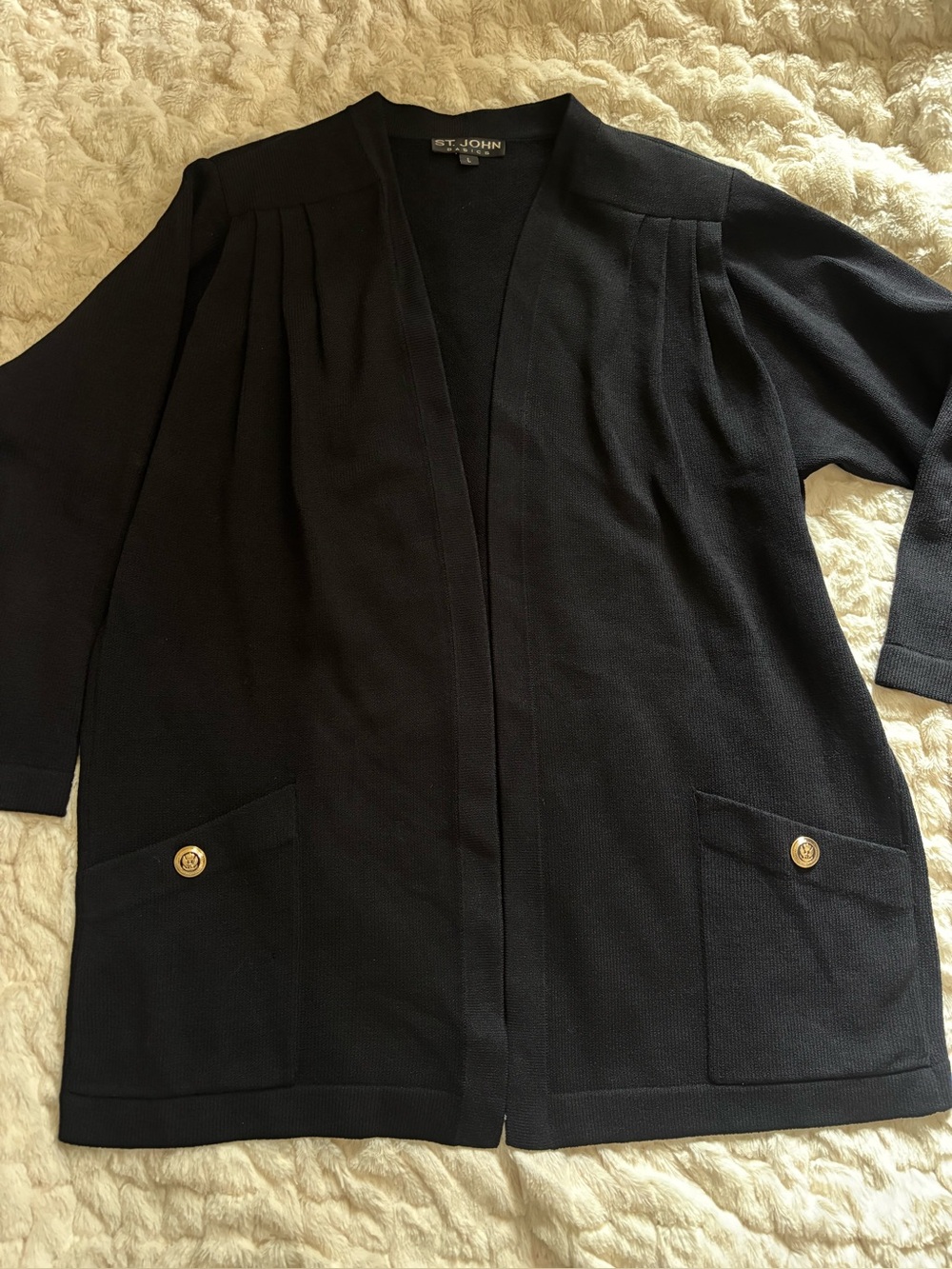 Rare St John Black Santana Knit Pleated Shoulder Open Front Cardigan 
L